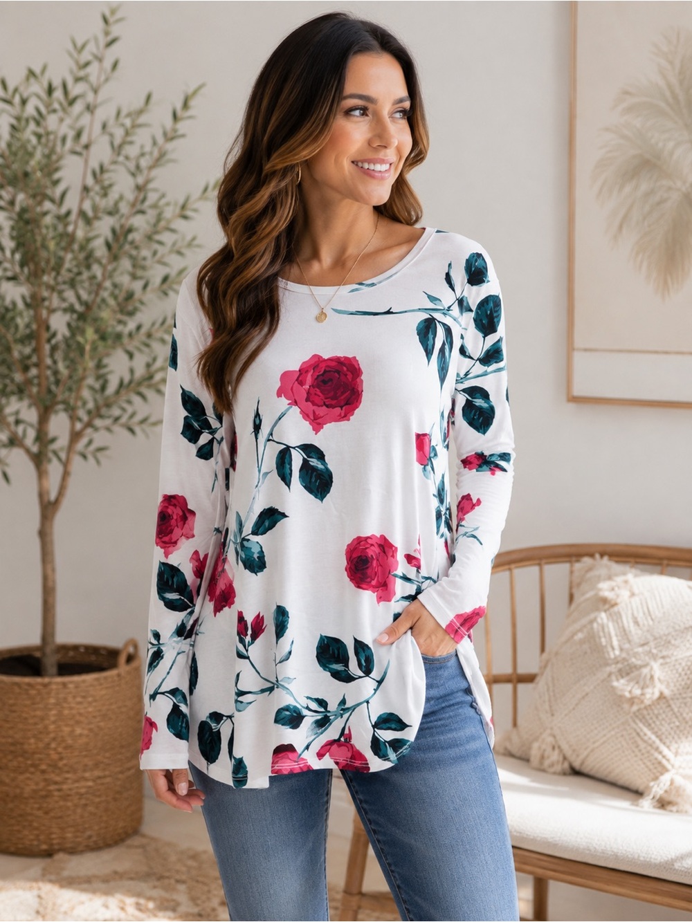 LuLaRoe Large Floral Rose Long Sleeve Tunic Top White Pink Green